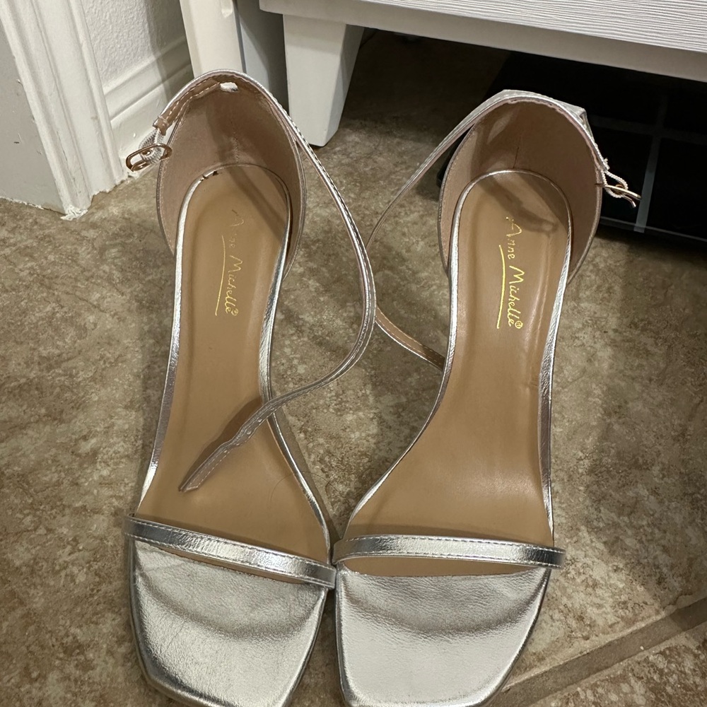 Anne Michelle Metallic Silver Open-Toe Ankle-Strap Heels